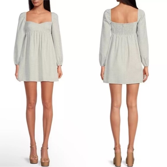 Gianni Bini Dresses & Skirts - 🆕 Ivory & Moss Gingham Long Sleeve Sweetheart Neck Babydoll Dress